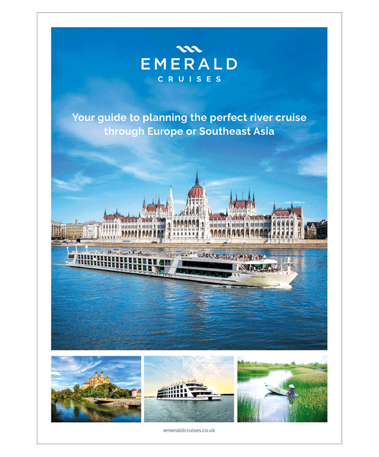 Brochure front cover, featuring river cruise ship sailing past the Hungarian Parliament Building